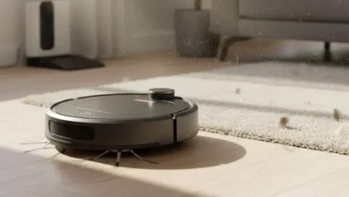 Um robô aspirador de pó em funcionamento, limpando um ambiente doméstico moderno e organizado. Custo Robô Aspirador!