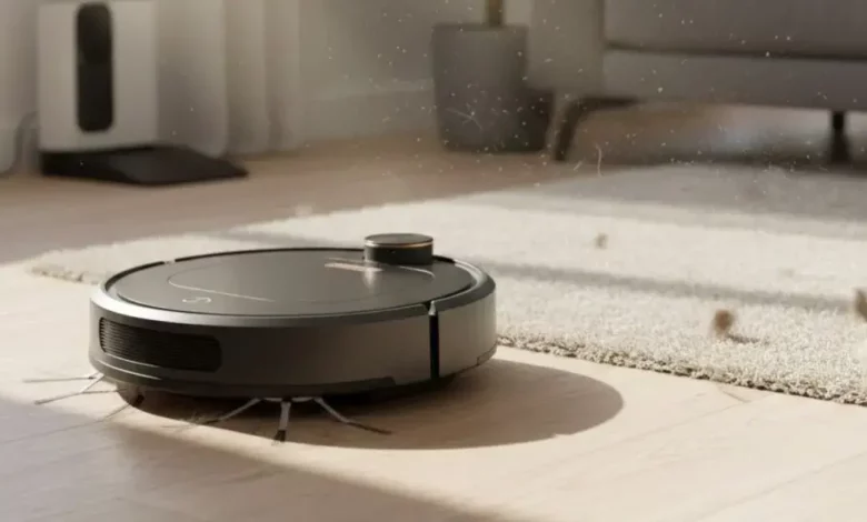 Um robô aspirador de pó em funcionamento, limpando um ambiente doméstico moderno e organizado. Custo Robô Aspirador!