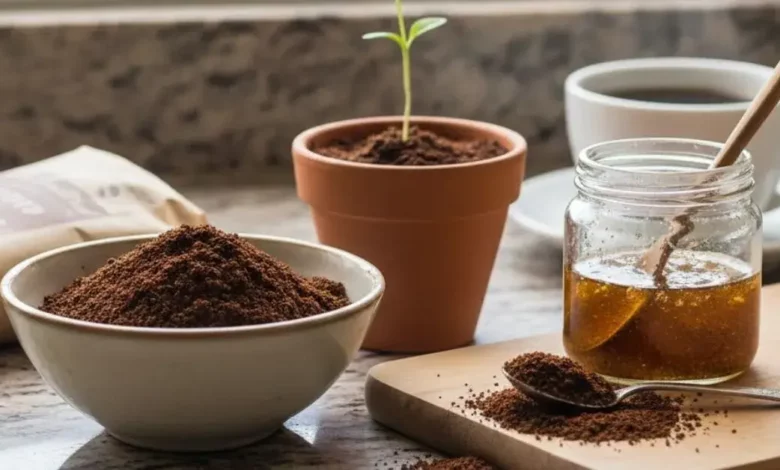 Uma mesa com elementos que mostram como **reutilizar borra de café**, incluindo um vaso de planta com borra, uma tigela de borra, um pote de esfoliante caseiro e uma xícara de café.
