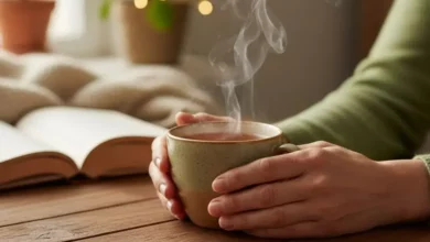 Uma xícara de chá fumegante (com vapor visível) repousando sobre uma mesa de madeira rústica, com as mãos de uma pessoa (foco nas mãos) segurando a xícara de forma confortável, mas sem encostar na borda, sugerindo cautela com a temperatura. A iluminação deve ser suave e aconchegante, criando um ambiente tranquilo e convidativo. Ao fundo, elementos desfocados como um livro aberto, uma janela com luz natural ou um ambiente doméstico acolhedor. Cores quentes e tons terrosos predominantes. Estilo fotorealista de alta qualidade, representando o artigo Câncer de Esôfago: Bebidas Muito Quentes Aumentam o Risco em 5x, Alerta Estudo