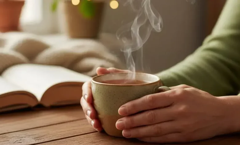 Uma xícara de chá fumegante (com vapor visível) repousando sobre uma mesa de madeira rústica, com as mãos de uma pessoa (foco nas mãos) segurando a xícara de forma confortável, mas sem encostar na borda, sugerindo cautela com a temperatura. A iluminação deve ser suave e aconchegante, criando um ambiente tranquilo e convidativo. Ao fundo, elementos desfocados como um livro aberto, uma janela com luz natural ou um ambiente doméstico acolhedor. Cores quentes e tons terrosos predominantes. Estilo fotorealista de alta qualidade, representando o artigo Câncer de Esôfago: Bebidas Muito Quentes Aumentam o Risco em 5x, Alerta Estudo