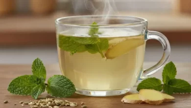 Chá de hortelã para Reduzir Gases em uma xícara de vidro, com casca de gengibre e folhas de hortelã ao redor, em uma superfície de madeira, ideal para saúde e bem-estar.