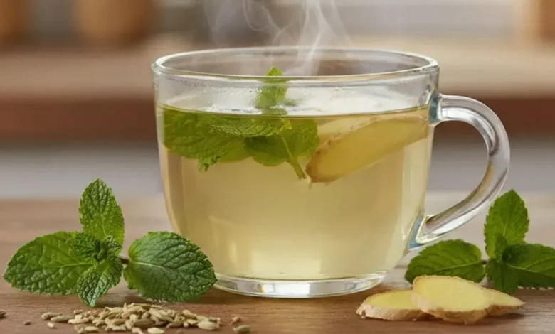 Chá de hortelã para Reduzir Gases em uma xícara de vidro, com casca de gengibre e folhas de hortelã ao redor, em uma superfície de madeira, ideal para saúde e bem-estar.