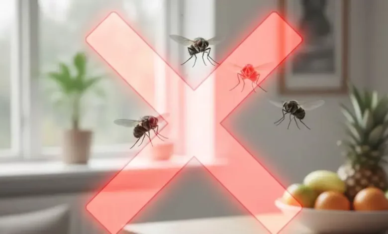 Imagem conceitual mostrando várias moscas pequenas voando em um ambiente doméstico com um grande X vermelho sobre elas, simbolizando a ação de espantar moscas do ambiente. O foco é na eficácia do repelente caseiro.