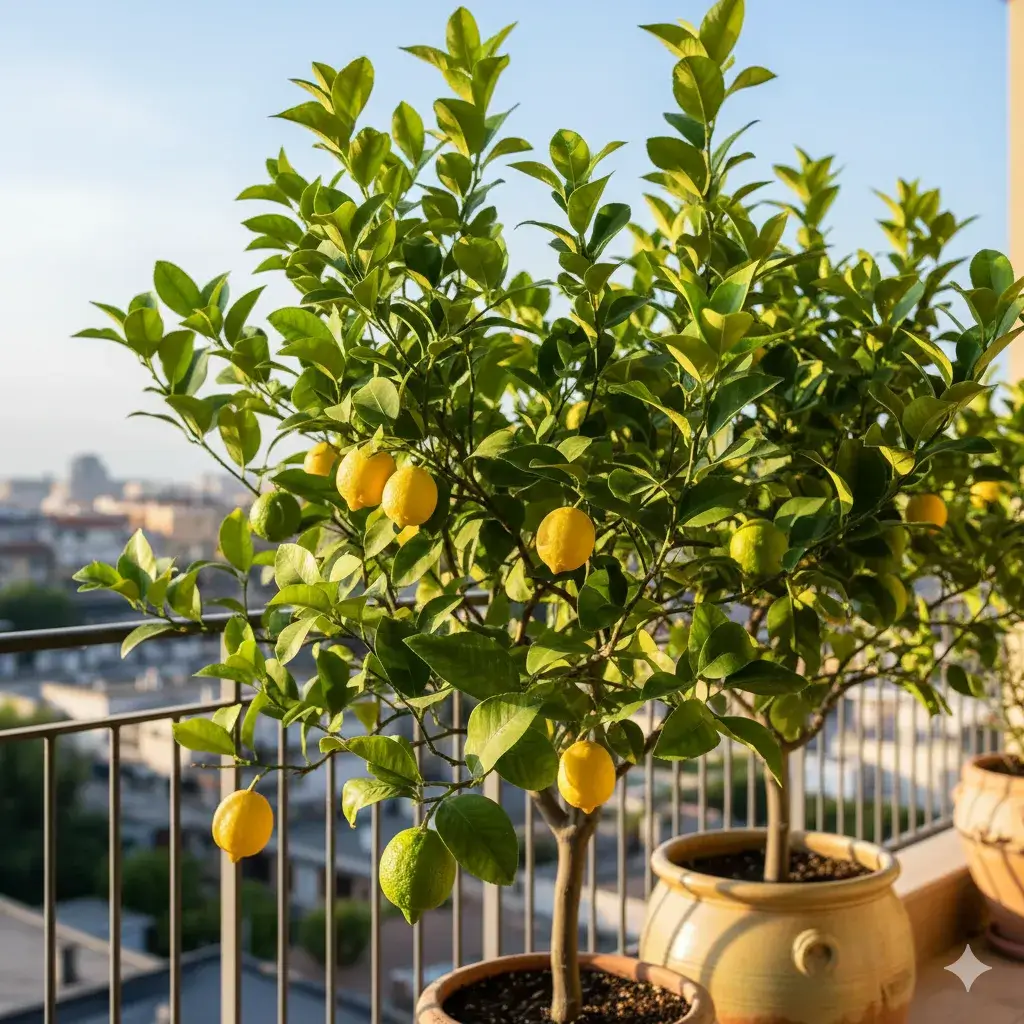 Um limoeiro saudável e vibrante, carregado de limões em vasos de cerâmica rústicos, exposto em uma varanda iluminada pelo sol da manhã. As folhas verdes brilhantes e os limões sicilianos maduros se destacam, com uma vista desfocada de uma cidade e céu azul ao fundo. A imagem transmite frescor e a beleza de um jardim urbano em casa.