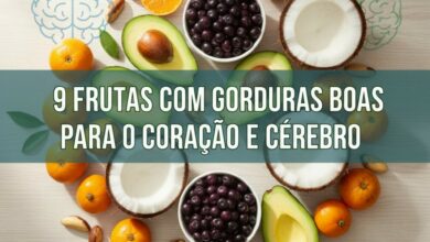 "Capa vibrante para Google Discover mostrando uma composição colorida de frutas tropicais como abacates, cocos, açaí, castanhas-do-pará, pequi e buriti, com o título '9 Frutas com Gorduras Boas para o Coração e Cérebro'. O fundo limpo e iluminado inclui elementos sutis de cérebro e coração estilizados, transmitindo saúde e frescor."