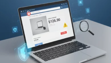 Capa de blog sobre golpes virtuais, mostrando um notebook aberto com uma loja online falsa e cadeado quebrado na tela. Ícones de escudo e lupa ao redor, alertando sobre fraudes e a necessidade de verificação. Título: 'Como saber se um site é falso antes de comprar