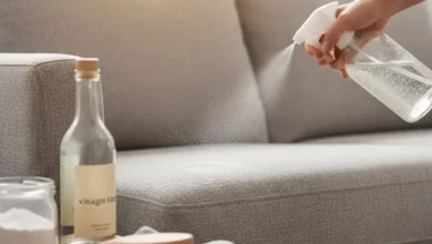 Pessoa borrifando solução caseira em sofá de tecido cinza para limpar. Ao lado, ingredientes como bicarbonato de sódio e vinagre em frascos, com uma escova de limpeza e pano, ilustrando o processo de limpar sofá com bicarbonato e vinagre.