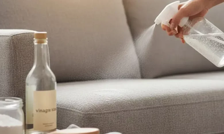 Pessoa borrifando solução caseira em sofá de tecido cinza para limpar. Ao lado, ingredientes como bicarbonato de sódio e vinagre em frascos, com uma escova de limpeza e pano, ilustrando o processo de limpar sofá com bicarbonato e vinagre.