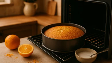 Cena de um forno aberto com o melhor bolo de laranja com cobertura, rodeado de laranjas e raspas, na cozinha acolhedora