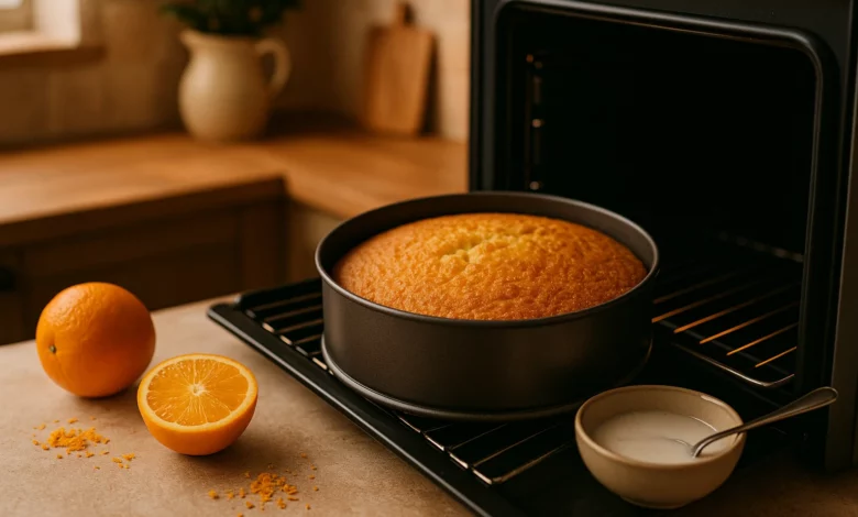 Cena de um forno aberto com o melhor bolo de laranja com cobertura, rodeado de laranjas e raspas, na cozinha acolhedora