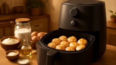 Imagem de uma cozinha acolhedora com uma airfryer aberta exibindo Biscoito de Polvilho Azedo na Airfryer dourado e crocante, ingredientes ao fundo.