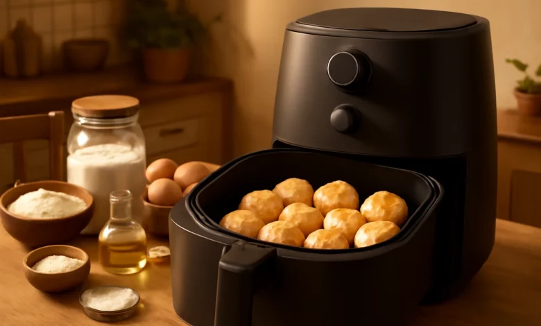 Imagem de uma cozinha acolhedora com uma airfryer aberta exibindo Biscoito de Polvilho Azedo na Airfryer dourado e crocante, ingredientes ao fundo.