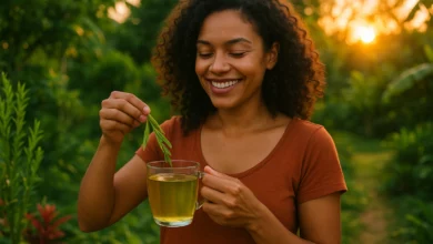 Mulher sorridente segurando chá de carqueja no jardim brasileiro ao pôr do sol, promovendo Chá Para Gordura no Fígado.