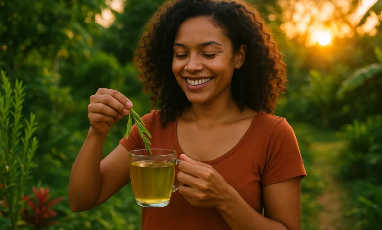 Mulher sorridente segurando chá de carqueja no jardim brasileiro ao pôr do sol, promovendo Chá Para Gordura no Fígado.