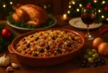 Imagem de uma farofa de Natal dourada e crocante em uma travessa tradicional na mesa decorada, rodeada de ingredientes como bacon, cebola, alho, azeitonas e uvas-passas.