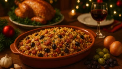 Imagem de uma farofa de Natal dourada e crocante em uma travessa tradicional na mesa decorada, rodeada de ingredientes como bacon, cebola, alho, azeitonas e uvas-passas.