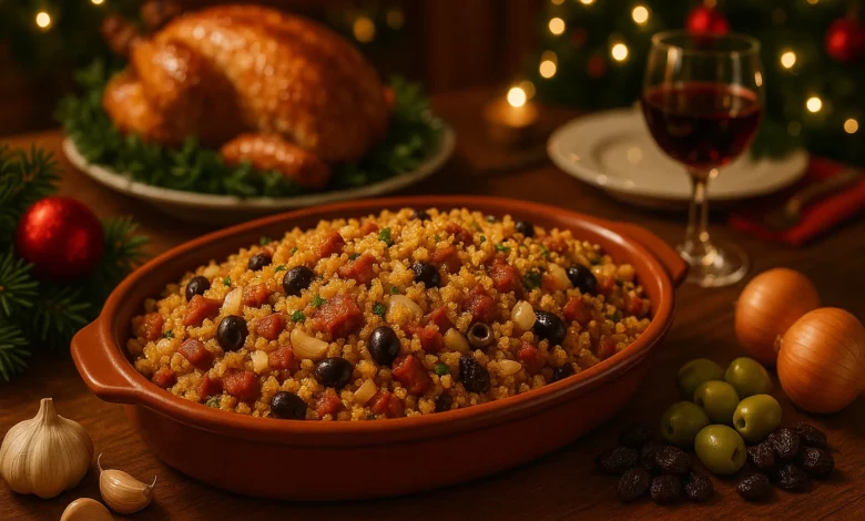 Imagem de uma farofa de Natal dourada e crocante em uma travessa tradicional na mesa decorada, rodeada de ingredientes como bacon, cebola, alho, azeitonas e uvas-passas.