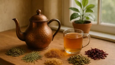 Imagem de uma mesa com chaleira de cobre e xícara de chá com ervas para pedras nos rins, luz natural e ambiente natural