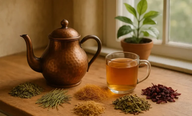 Imagem de uma mesa com chaleira de cobre e xícara de chá com ervas para pedras nos rins, luz natural e ambiente natural