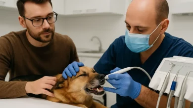 Cena de rascunho automático de veterinária limpando a boca de um cão médio, com ambiente clínico limpo e tutor observando