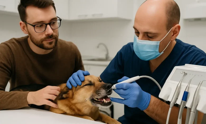 Cena de rascunho automático de veterinária limpando a boca de um cão médio, com ambiente clínico limpo e tutor observando