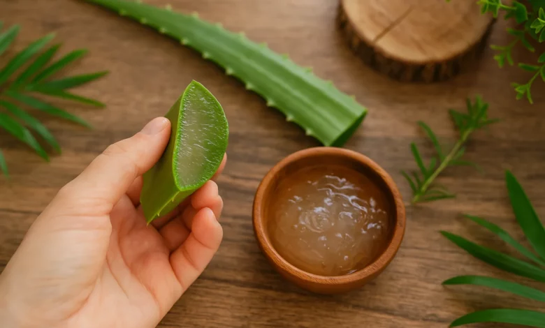 Mão segurando folha de babosa ao lado de bowl com gel transparente, elementos naturais ao redor, iluminação suave