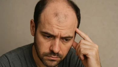 uma pessoa com recuo frontal e rarefação na coroa do cabelo, fundo de couro cabeludo visível, iluminação suave.