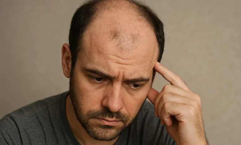 uma pessoa com recuo frontal e rarefação na coroa do cabelo, fundo de couro cabeludo visível, iluminação suave.