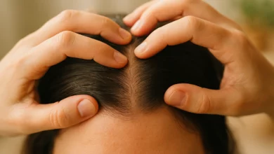 Imagem de couro cabeludo sendo massageado por mãos humanas, com destaque para fios de crescimento capilar e ambiente natural