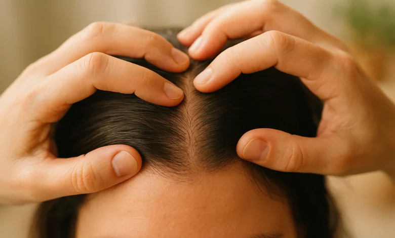 Imagem de couro cabeludo sendo massageado por mãos humanas, com destaque para fios de crescimento capilar e ambiente natural