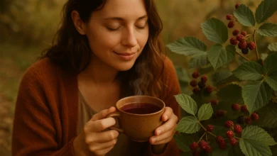 Mulher segurando chá de amora ao ar livre com folhas e frutas ao redor, vapor saindo da xícara — Benefícios do Chá de Amora
