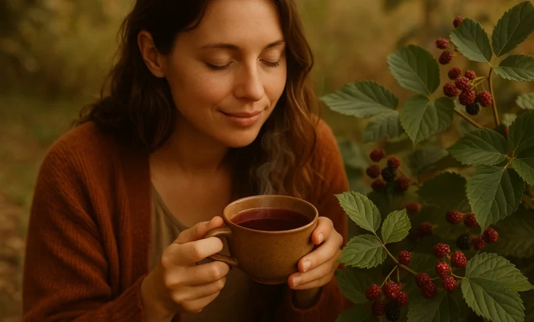 Mulher segurando chá de amora ao ar livre com folhas e frutas ao redor, vapor saindo da xícara — Benefícios do Chá de Amora