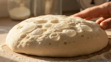 Massa de pizza caseira com grandes bolhas de ar sobre bancada de madeira, mostrando a fermentação lenta. A luz do sol incide sobre a massa, realçando a textura leve.