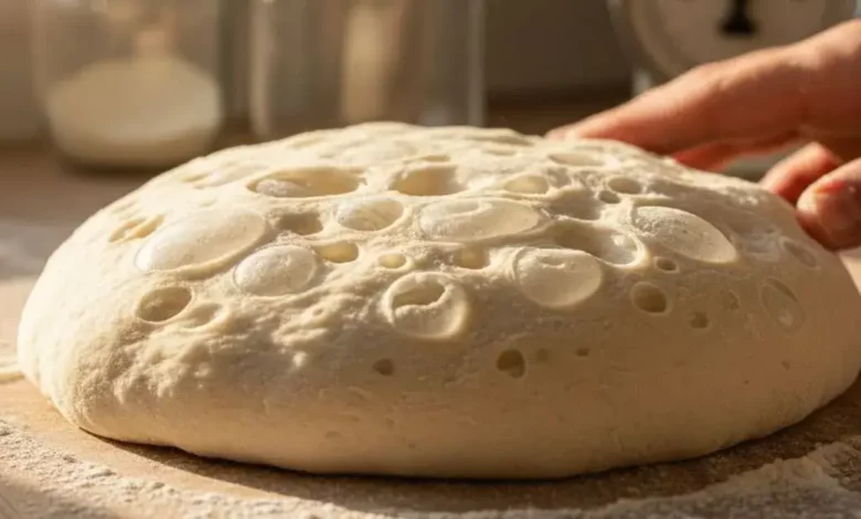 Massa de pizza caseira com grandes bolhas de ar sobre bancada de madeira, mostrando a fermentação lenta. A luz do sol incide sobre a massa, realçando a textura leve.