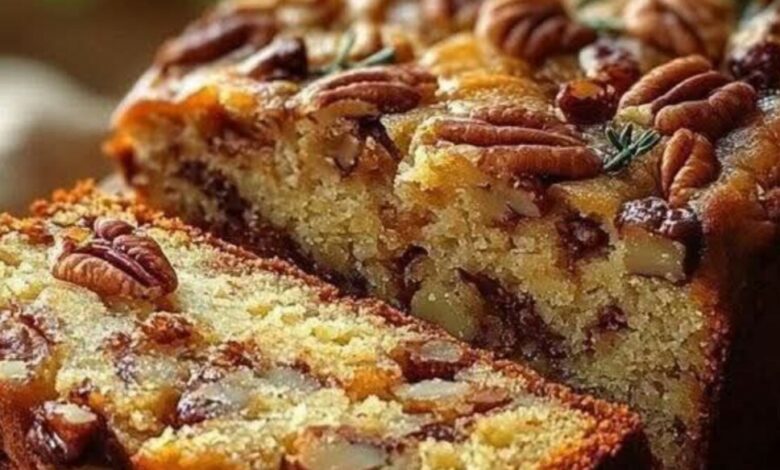 Bolo de nozes com maçã e aveia decorado com pedaços de noz e fatias de maçã