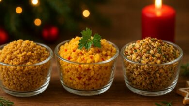 3 Farofas Essenciais para a Ceia de Natal em cima da mesa de madeira