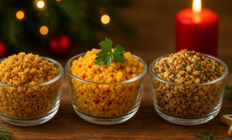 3 Farofas Essenciais para a Ceia de Natal em cima da mesa de madeira