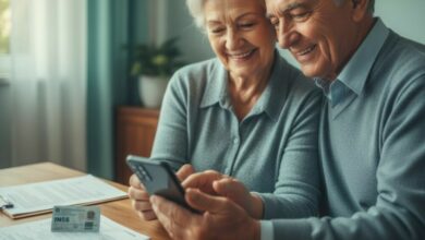 Idosos felizes conferindo pagamento extra do INSS no celular