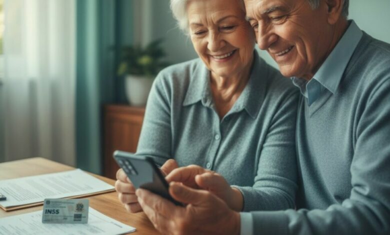 Idosos felizes conferindo pagamento extra do INSS no celular