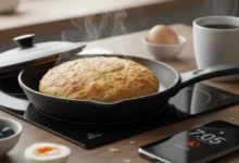 Pão de frigideira recém-preparado em uma panela preta no fogão, em uma cozinha iluminada, com xícara de café, ovos e frutas azuis ao redor, representando um café da manhã rápido.