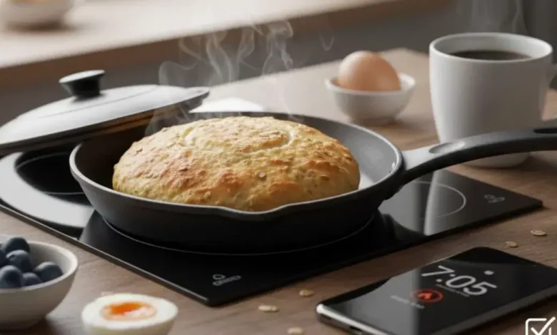 Pão de frigideira recém-preparado em uma panela preta no fogão, em uma cozinha iluminada, com xícara de café, ovos e frutas azuis ao redor, representando um café da manhã rápido.