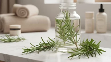 recipiente de vidro com agua e alecrim dentro em cima de uma mesa branca. ( Água de alecrim no cabelo)