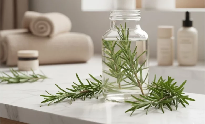 recipiente de vidro com agua e alecrim dentro em cima de uma mesa branca. ( Água de alecrim no cabelo)