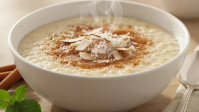 tigela branca com receita de mingau com 4 ingredientes dentro, em cima de uma mesa