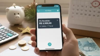 Notificação de PIX Recebido no celular mostrando a "Primeira Parcela do 13º Salário", com um calendário de novembro, calculadora e um cofrinho de porco ao fundo, simbolizando planejamento financeiro.