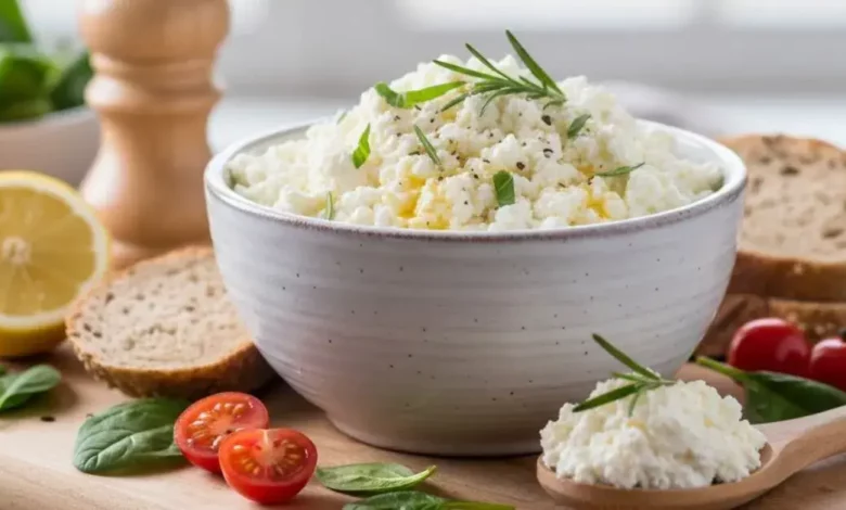 Tigela branca com ricota fresca temperada com ervas e pimenta, acompanhada de torradas, espinafre, tomate-cereja e limão, em uma tábua de madeira