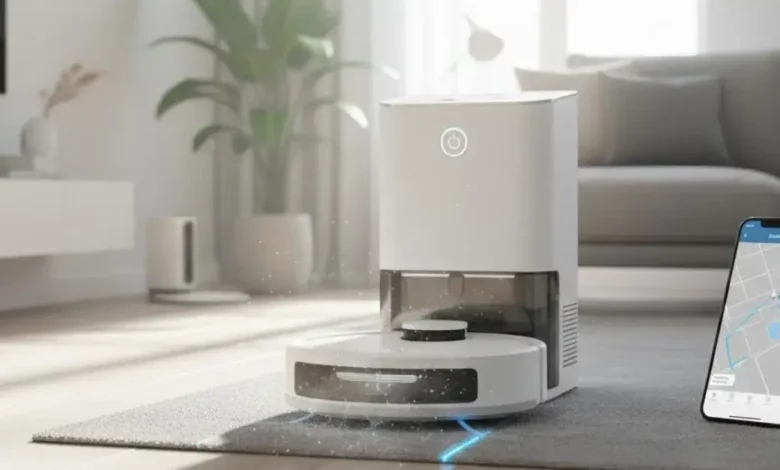 Robô aspirador inteligente em ação limpando um piso de madeira em uma sala moderna.