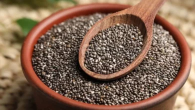 Imagem de semente de chia em uma tigela de barro com uma colher de madeira, destacando o consumo de sementes de chia para uma alimentação saudável.