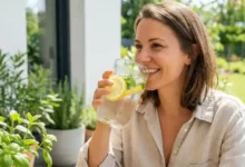 Foto realista e iluminada de uma pessoa bebendo Água com limão em um copo transparente de vidro. A imagem possui iluminação natural suave, sugerindo um ambiente matinal, com foco na hidratação e em um estilo de vida saudável.